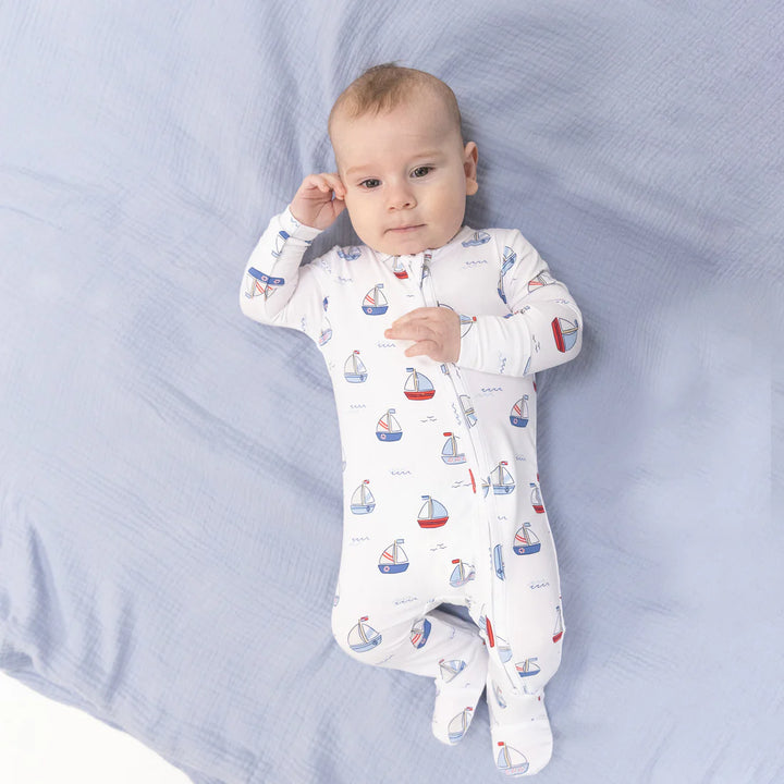 Bubbly Sailboats Blue Bamboo 2-Way Zipper Footie | Angel Dear