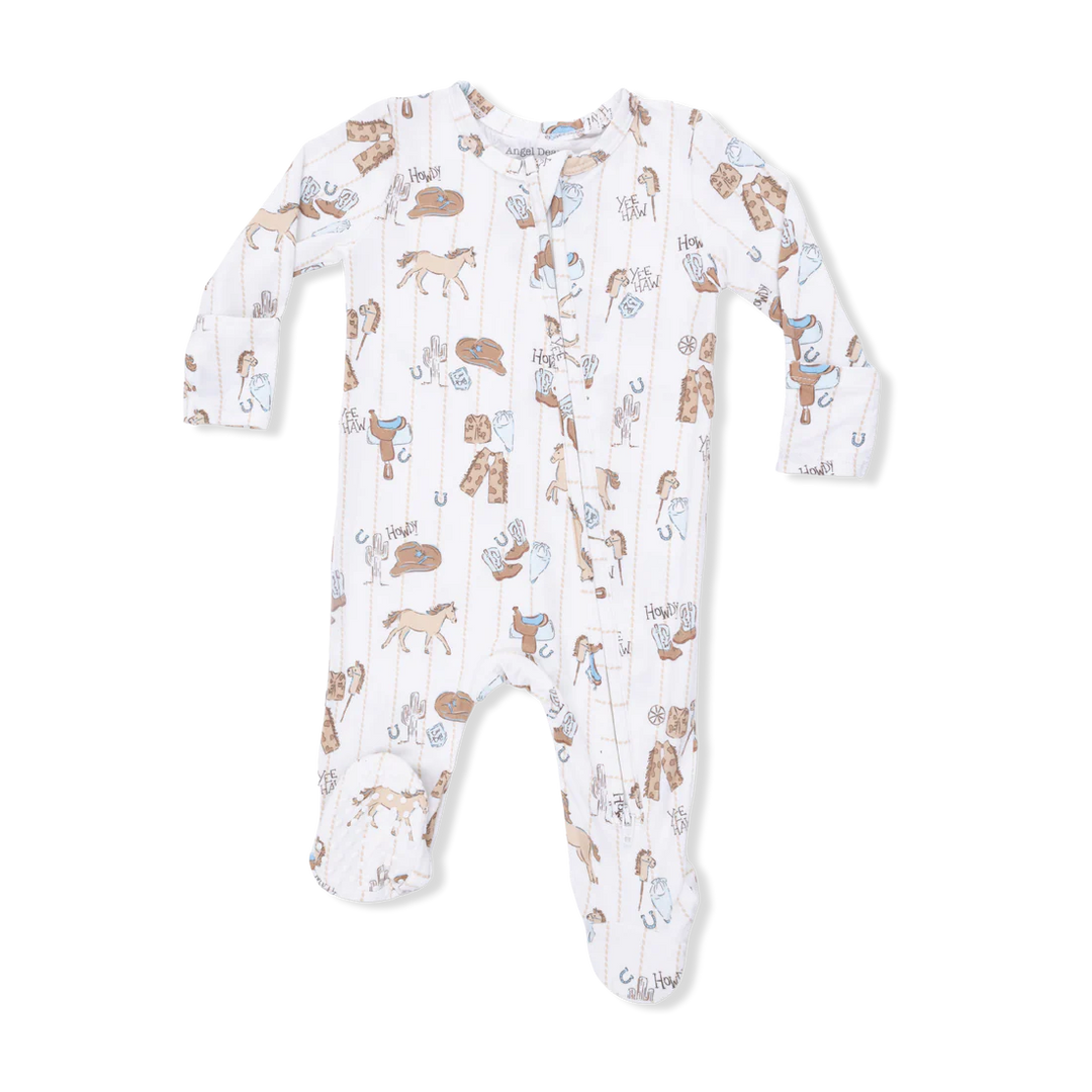 Baby boy bamboo 2-way zipper footie in Cowboy Nursery print with hats, boots, and horses.