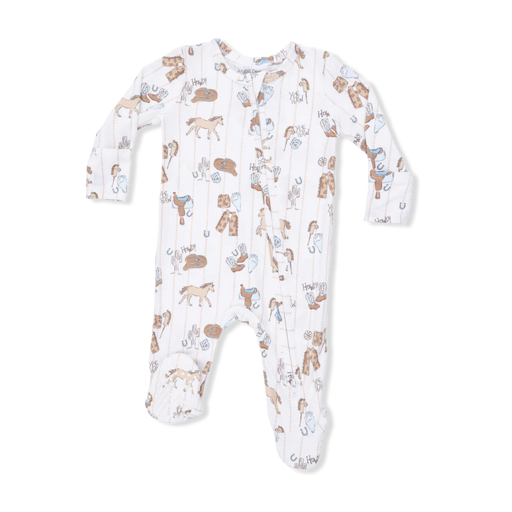 Baby boy bamboo 2-way zipper footie in Cowboy Nursery print with hats, boots, and horses.