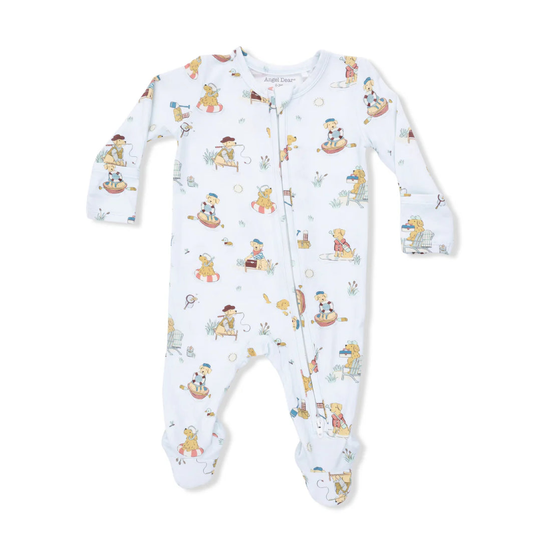 Angel Dear baby footie in Puppies at the Lake print; light blue bamboo viscose sleeper with 2-way zipper.