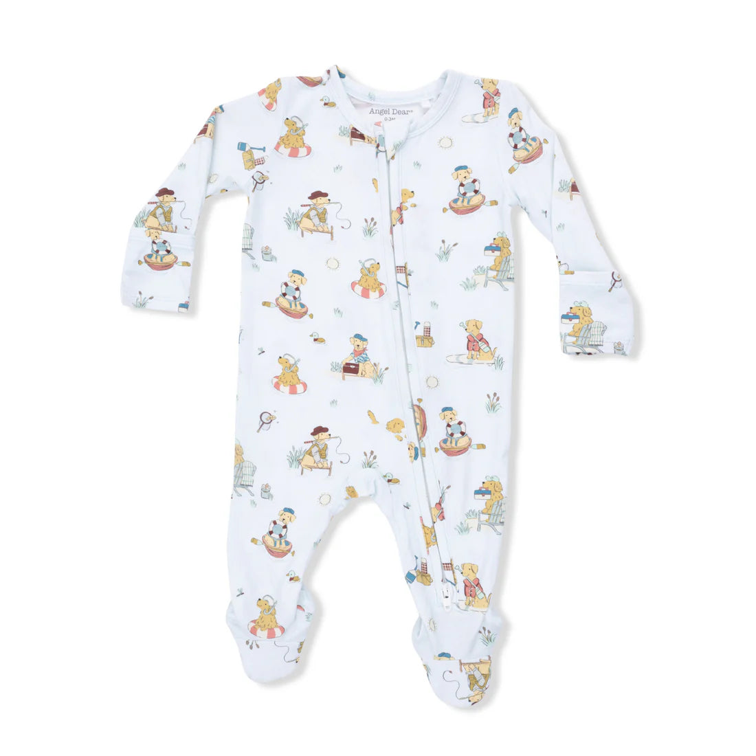 Angel Dear baby footie in Puppies at the Lake print; light blue bamboo viscose sleeper with 2-way zipper.