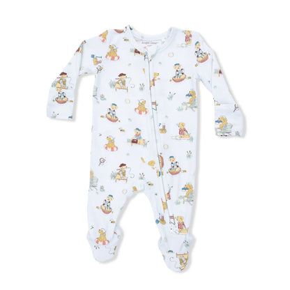 Angel Dear baby footie in Puppies at the Lake print; light blue bamboo viscose sleeper with 2-way zipper.