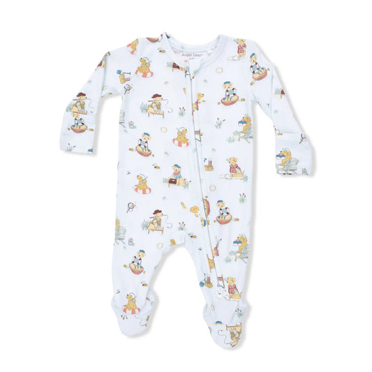 Angel Dear baby footie in Puppies at the Lake print; light blue bamboo viscose sleeper with 2-way zipper.