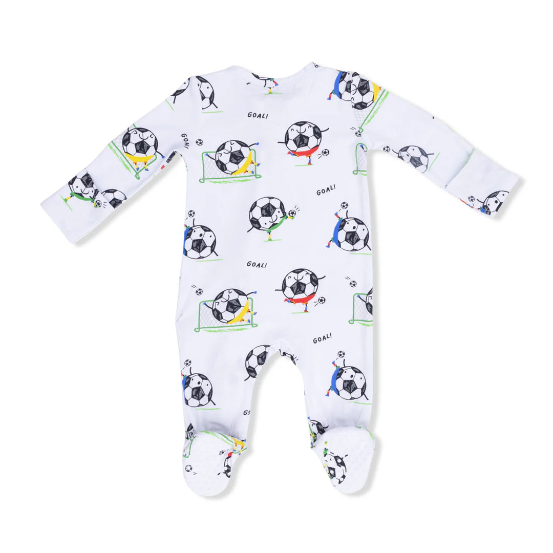 Baby boy blue bamboo 2-way zipper footie with soccer ball print.        