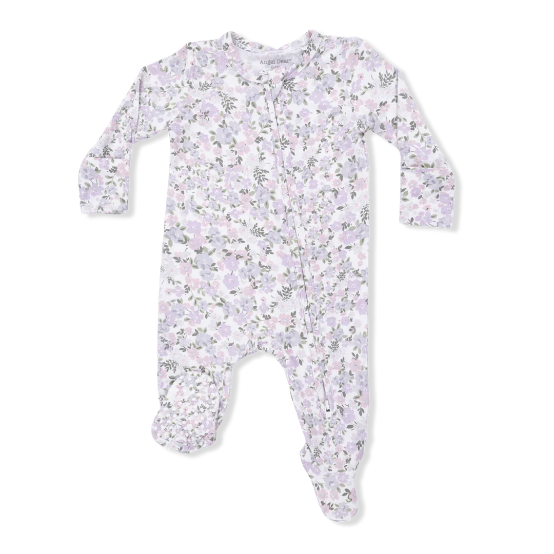 Baby girl bamboo 2-way zipper footie in Shannon Floral pink and green botanical print
