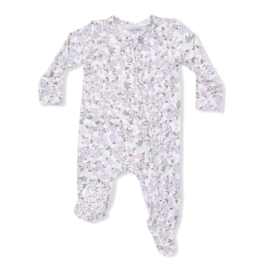 Baby girl bamboo 2-way zipper footie in Shannon Floral pink and green botanical print
