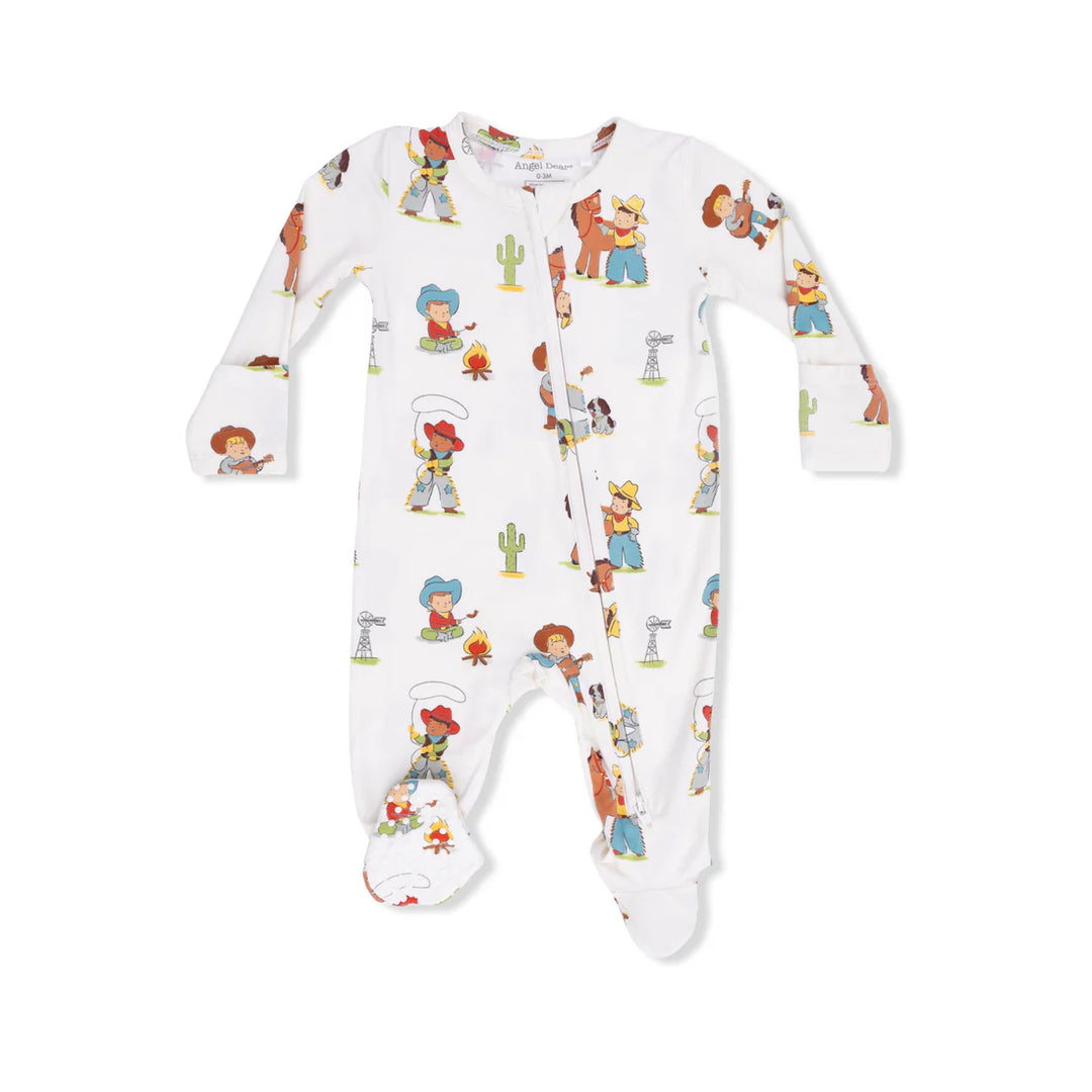 Baby boy bamboo 2-way zipper footie with vintage western cowboy print on a cream background