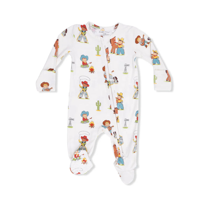 Baby boy bamboo 2-way zipper footie with vintage western cowboy print on a cream background