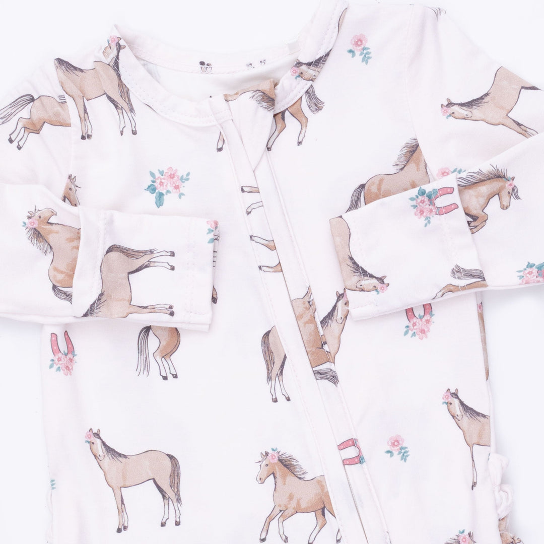 Angel Dear I Love Horses 2 Way Ruffle Back Zipper Footie Pink