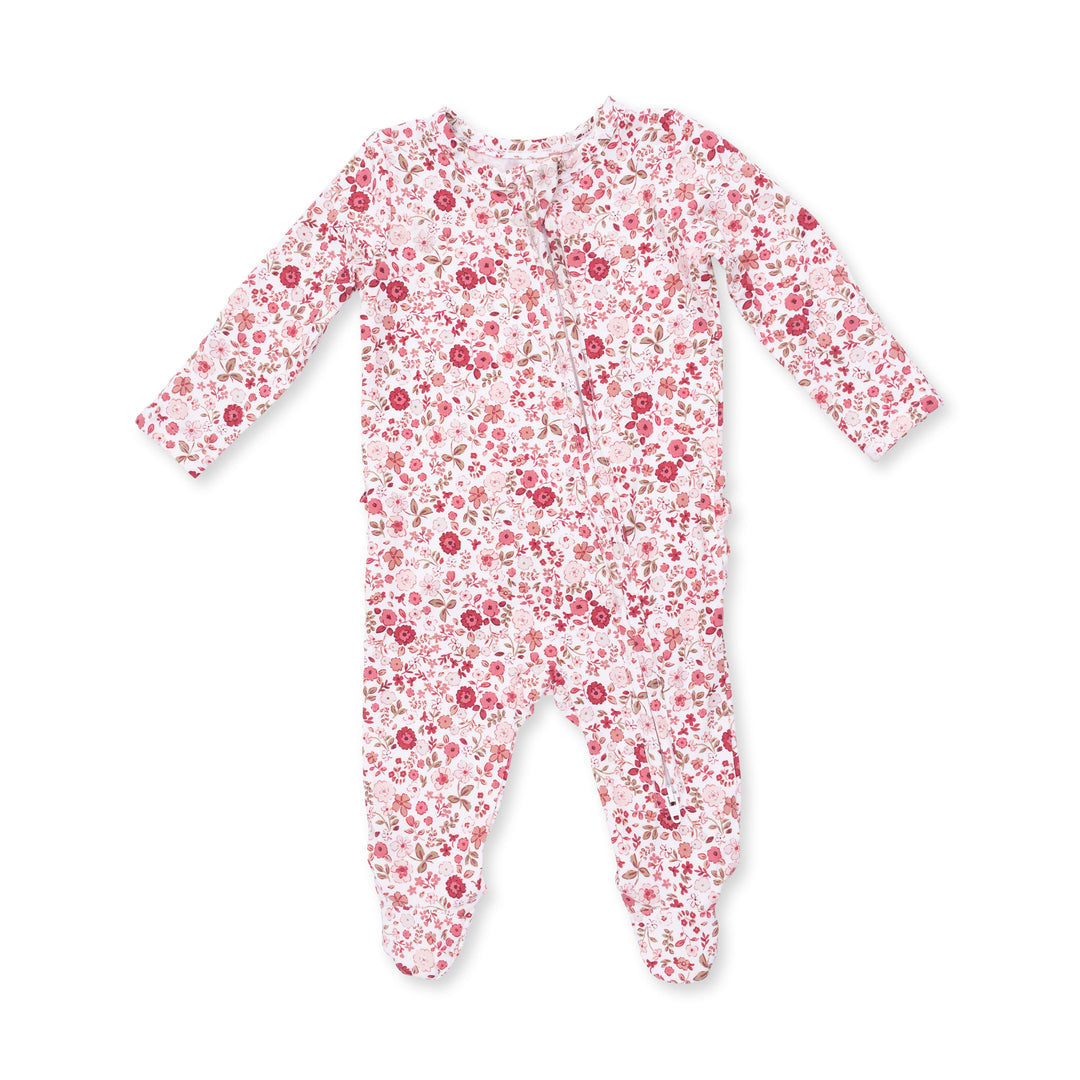 Angel Dear Serene Floral 2 Way Ruffle Back Zipper Footie Ivory &amp; Rose