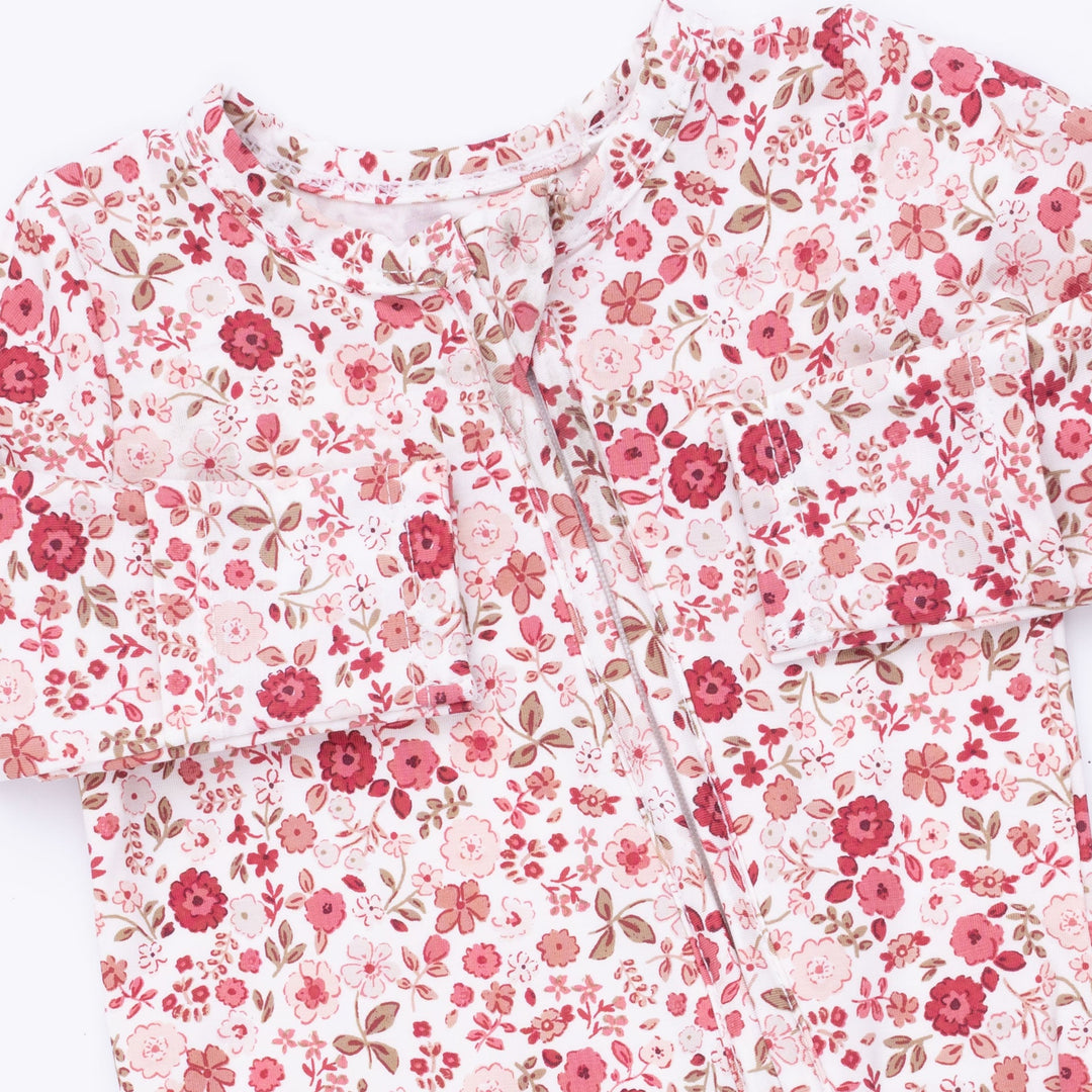 Angel Dear Serene Floral 2 Way Ruffle Back Zipper Footie Ivory &amp; Rose