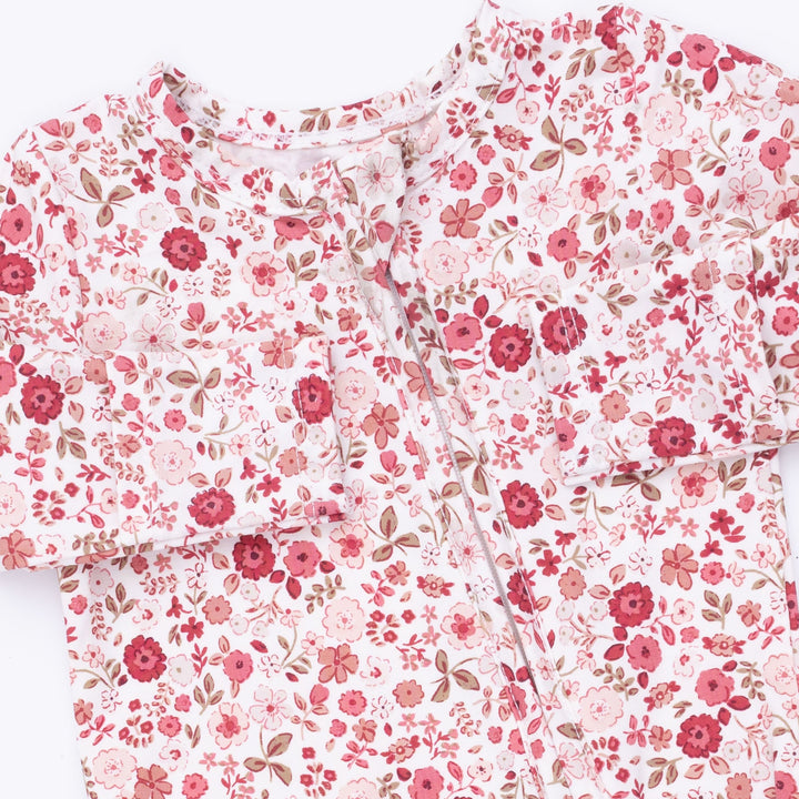 Angel Dear Serene Floral 2 Way Ruffle Back Zipper Footie Ivory &amp; Rose