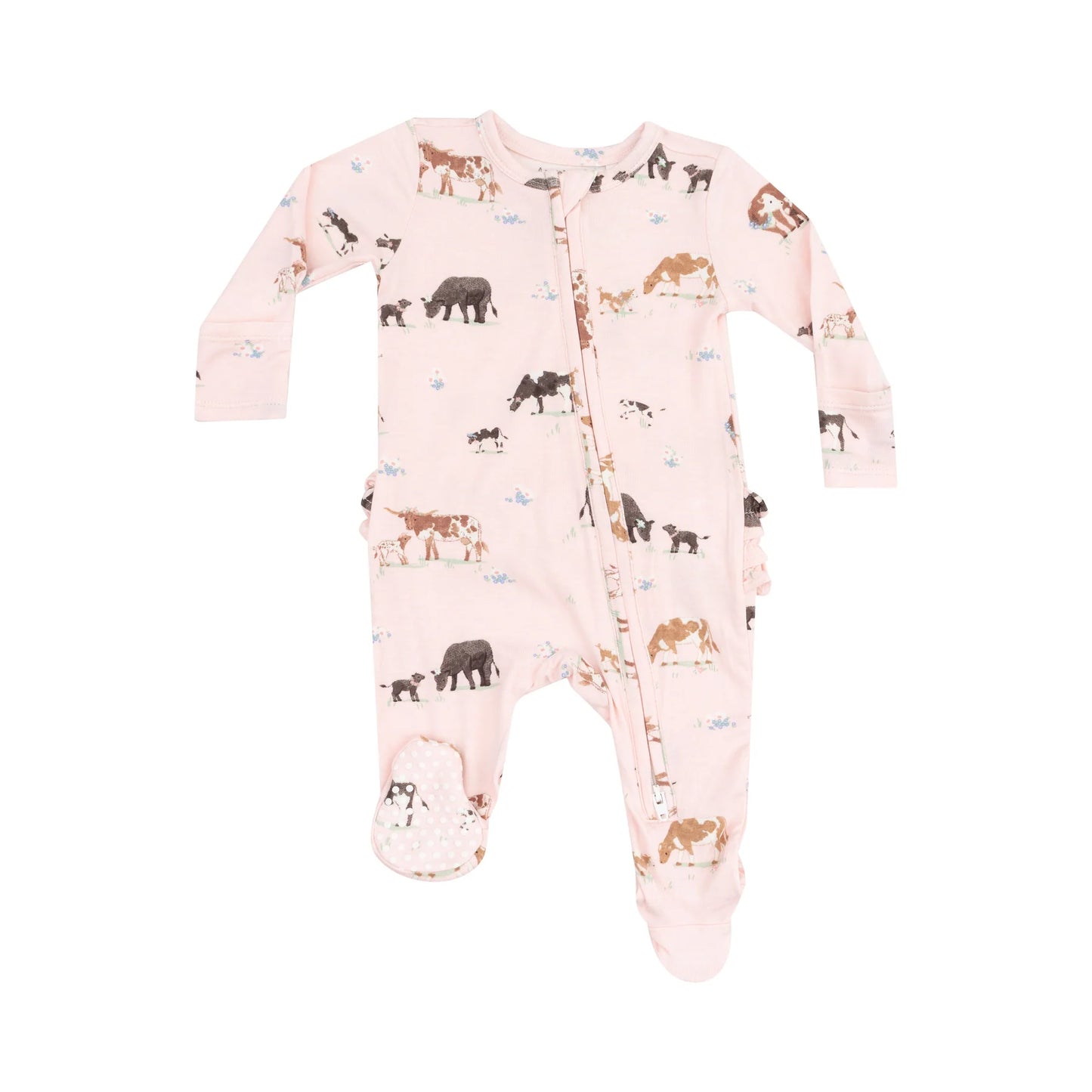 2 Way Zipper Ruffle Back Footie - Cow Families Pink