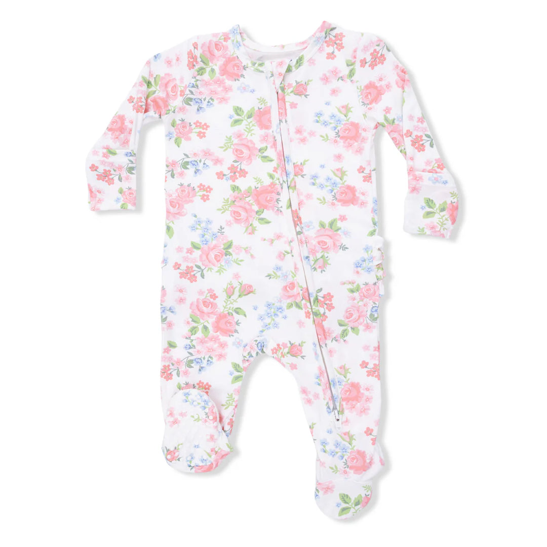 Baby girl bamboo 2-way zipper footie with ruffle back detail