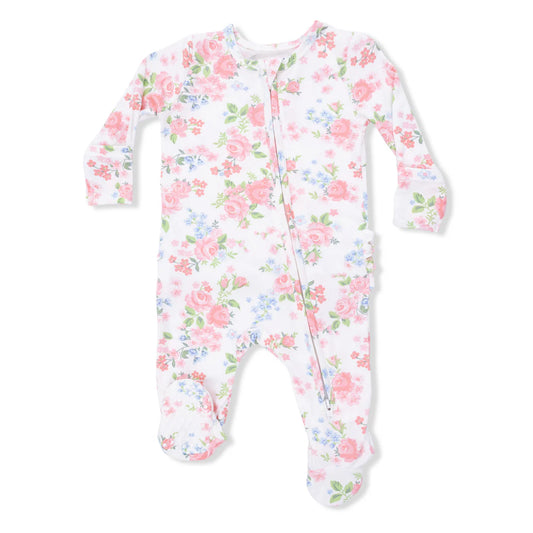 Baby girl bamboo 2-way zipper footie with ruffle back detail