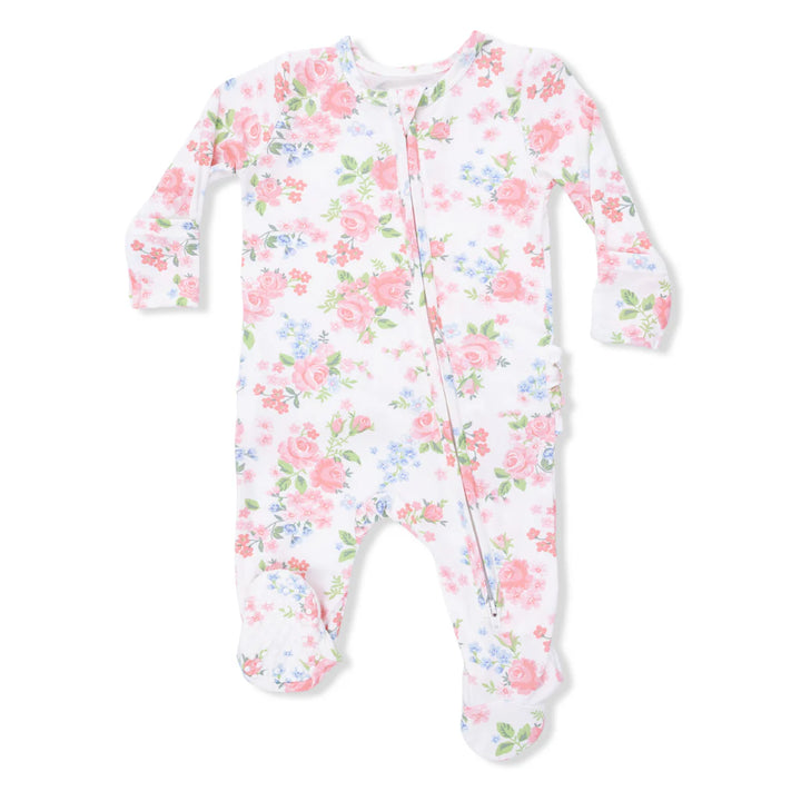 Baby girl bamboo 2-way zipper footie with ruffle back detail