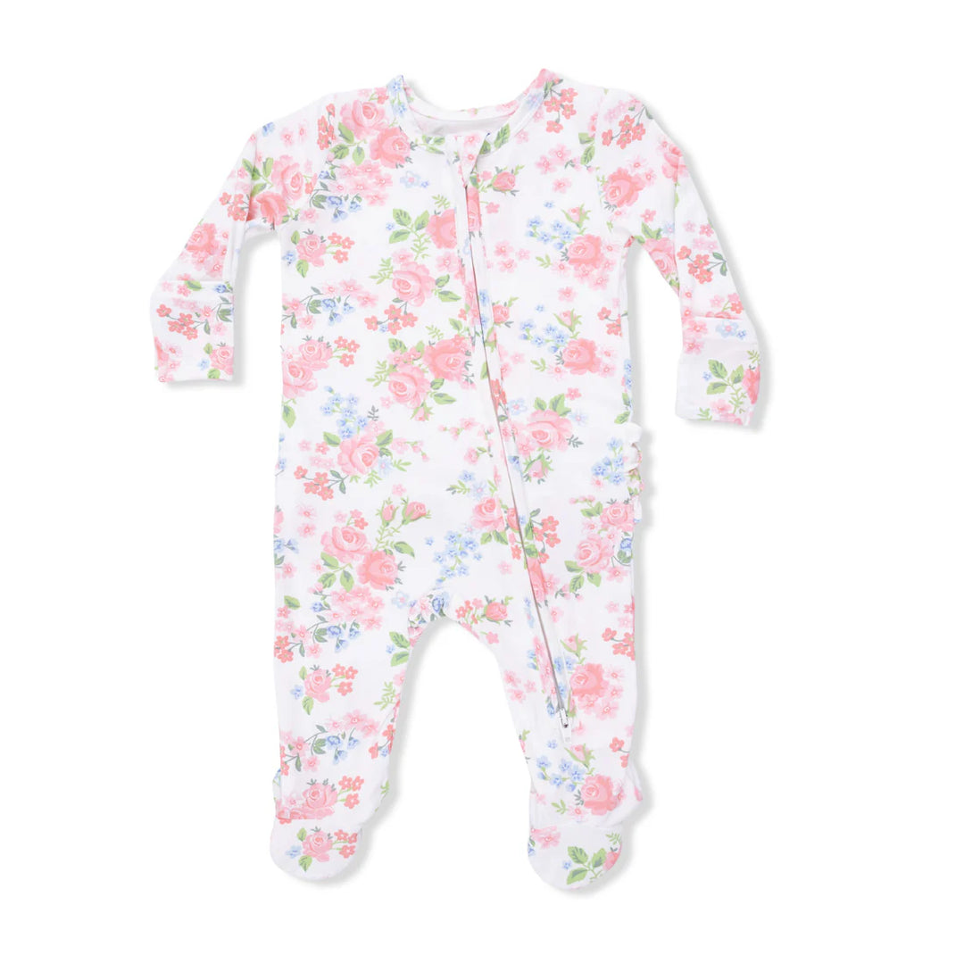 Cute Little Roses Bamboo 2-Way Ruffle Back Zipper Footie | Angel Dear