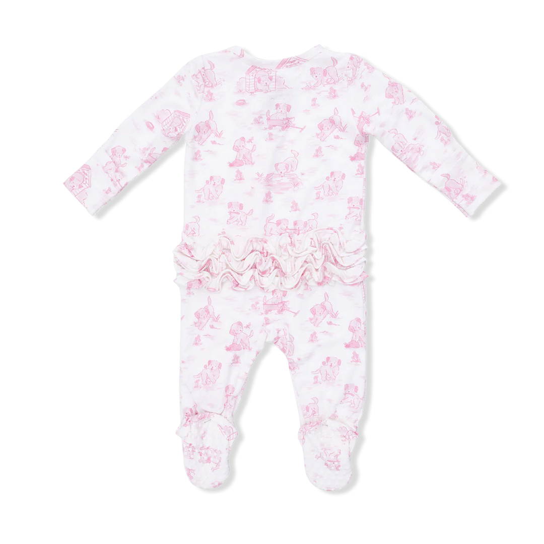 Puppy Toile Pink Bamboo 2-Way Ruffle Back Zipper Footie | Angel Dear