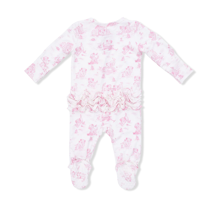 Puppy Toile Pink Bamboo 2-Way Ruffle Back Zipper Footie | Angel Dear