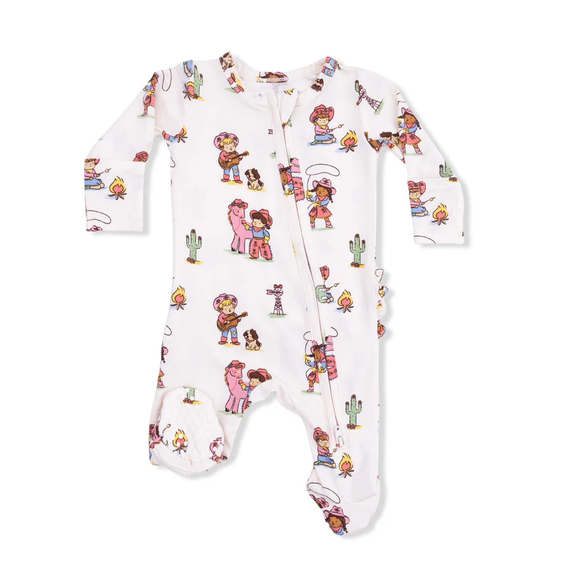 Baby girl bamboo 2-way zipper footie with vintage cowgirl print and ruffle back detail.