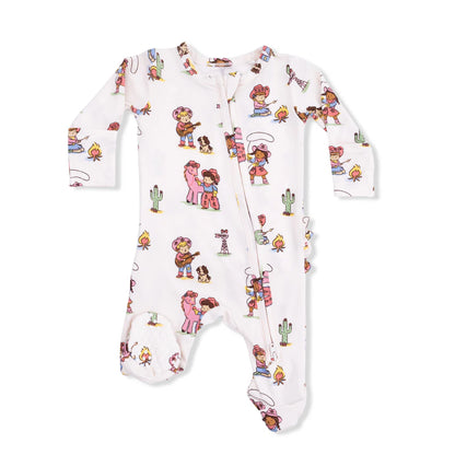 Baby girl bamboo 2-way zipper footie with vintage cowgirl print and ruffle back detail.