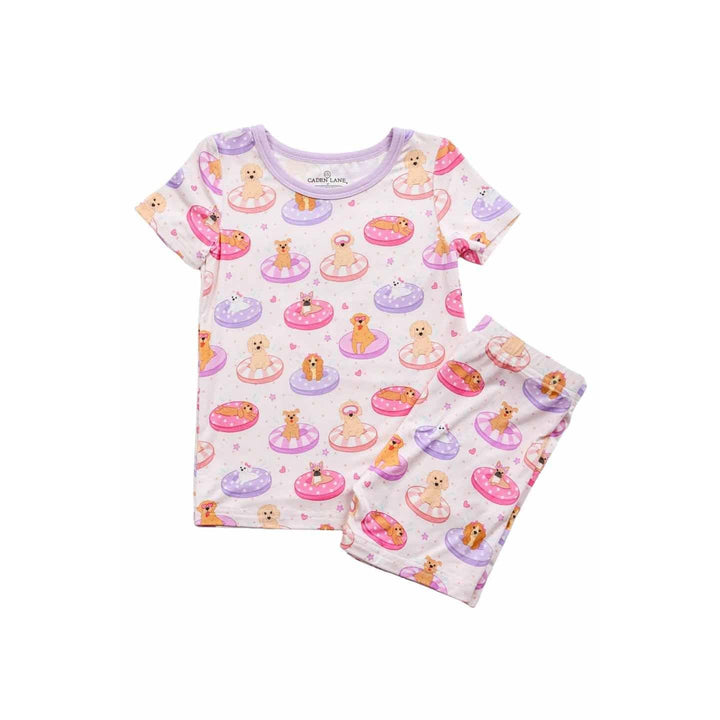 Two Piece Short Pajama Set | Poolside Pups Pink