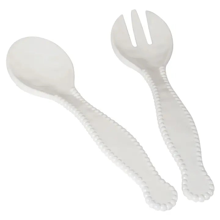 Certified International Perlette Cream 2-piece salad serving spoon and fork set with elegant beaded edges.