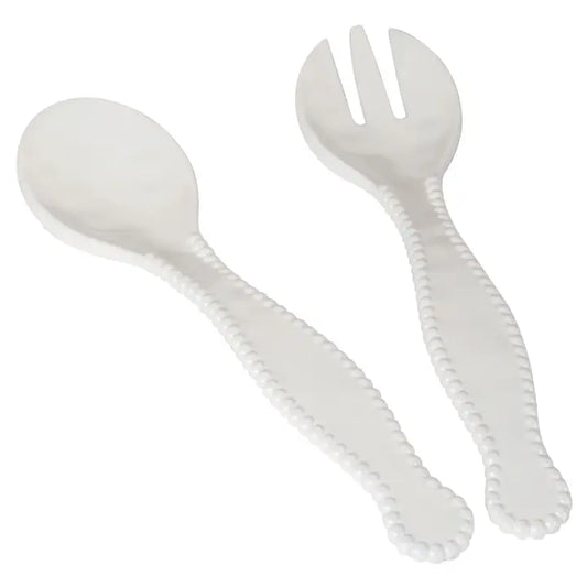 Certified International Perlette Cream 2-piece salad serving spoon and fork set with elegant beaded edges.