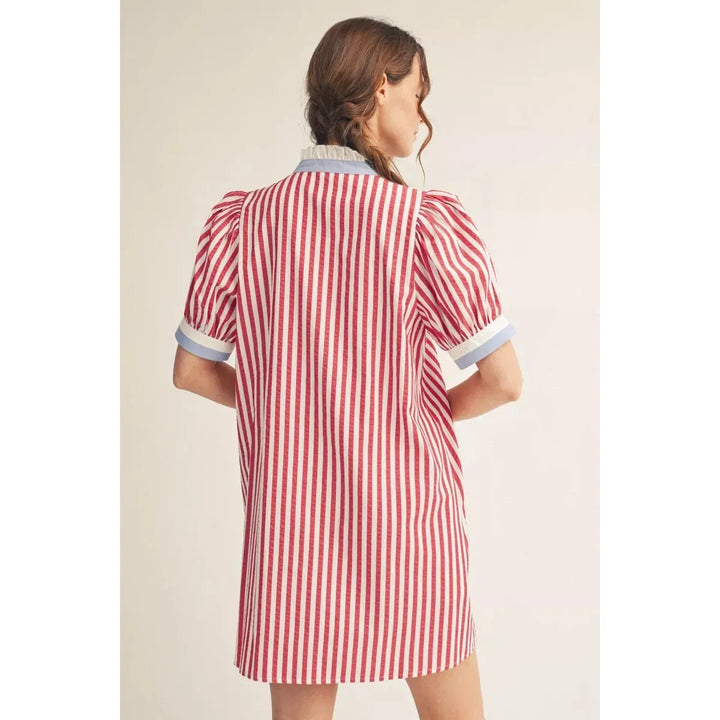 Grace Stripe Puff Sleeve Shift Dress in Red