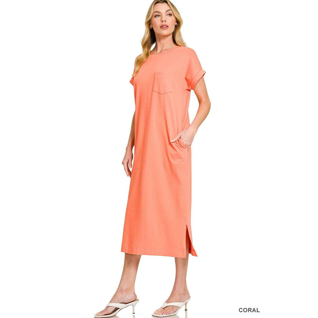 Round Neck Short Sleeve Midi Dress w/ Pockets