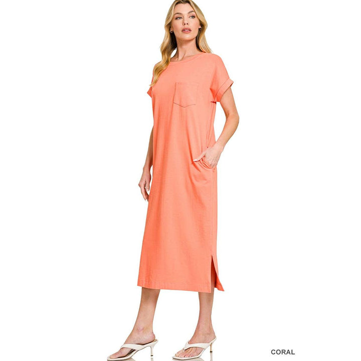 Round Neck Short Sleeve Midi Dress w/ Pockets