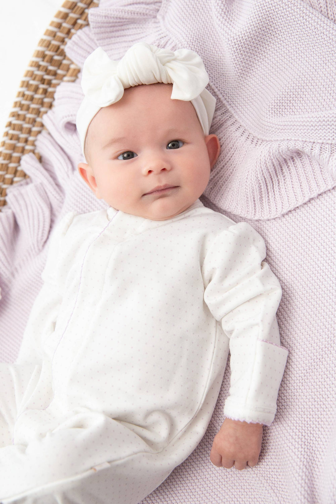 Bei Bei princess sleeve snap romper in orchid dots