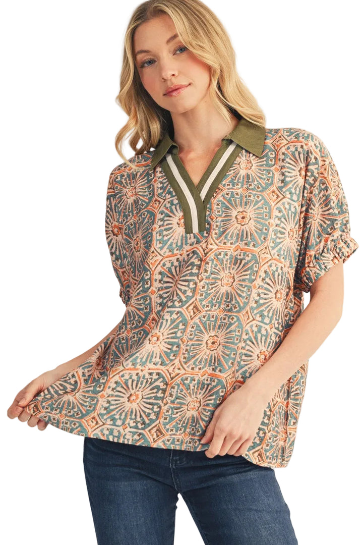 Jodifl Drop Shoulder Boho Print Top - Olive/Teal