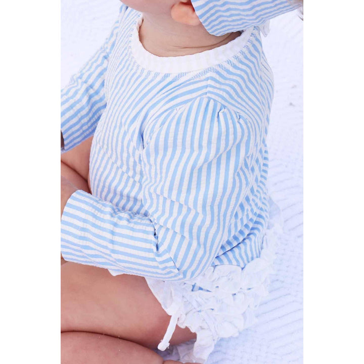 Long Sleeve Rash Guard With Ruffle Bottom | Seersucker Blue Wholesale