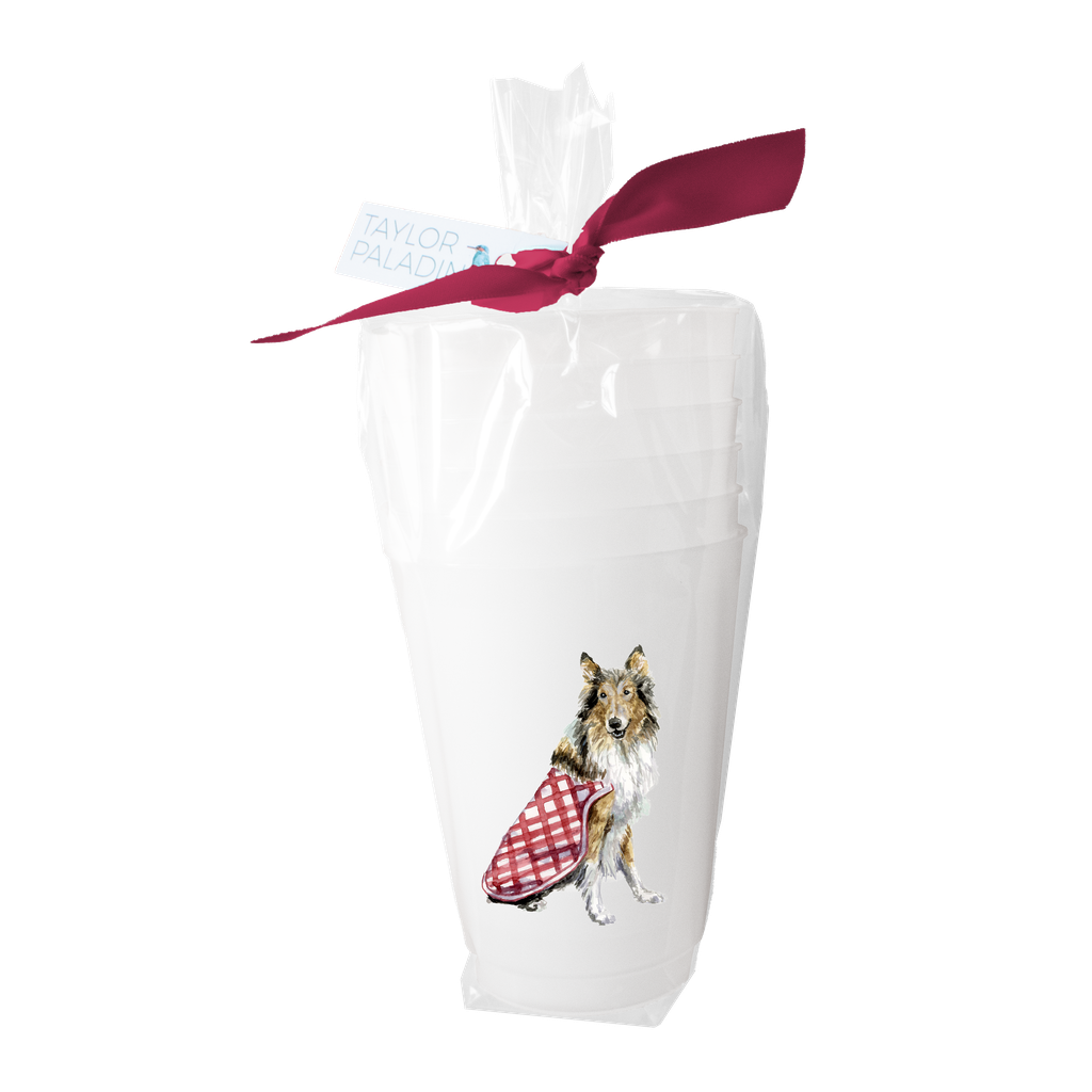 Rough Collie dog illustration on 16oz frosted stadium cups set of 6