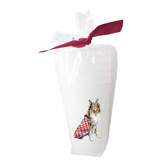 Rough Collie dog illustration on 16oz frosted stadium cups set of 6