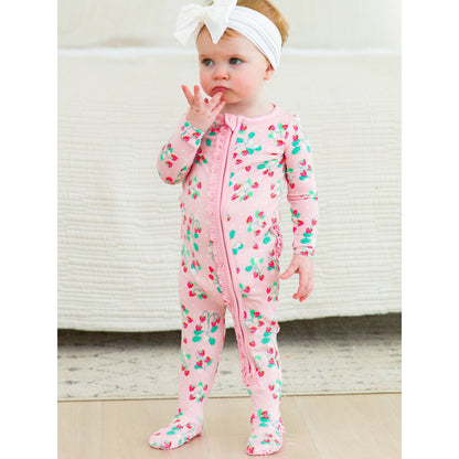 Baby Girls Sweet as Strawberries Bamboo Viscose Footed Ruffle One Piece Pajama