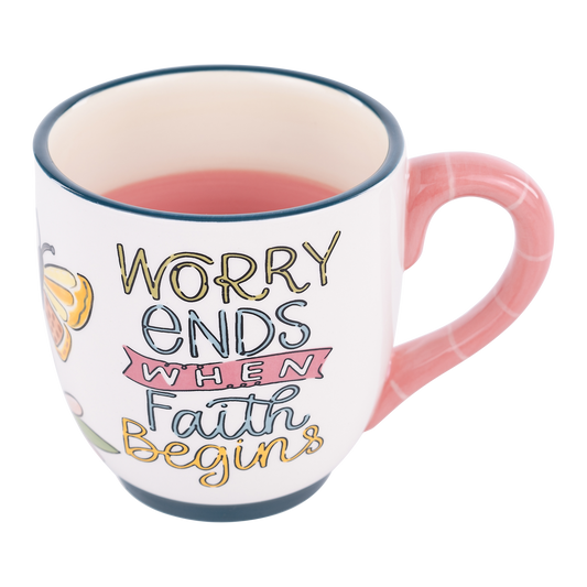 Glory Haus "Worry Ends When Faith Begins" Hand-Painted Mug - 16oz