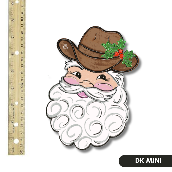 DK Designs Georgia cowboy Santa mini door hanger sign with brown cowboy hat, holly berries and curly white beard