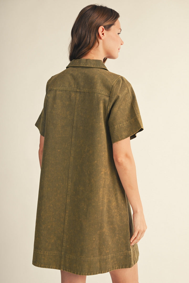 Jodifl Short Sleeve Garment Washed Shift Dress - Olive