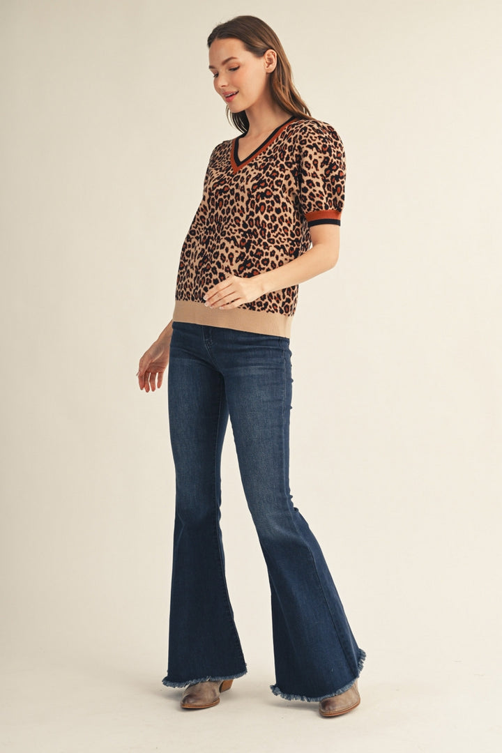 Jodifl Short Puff Sleeve Leopard Sweater Top - Black