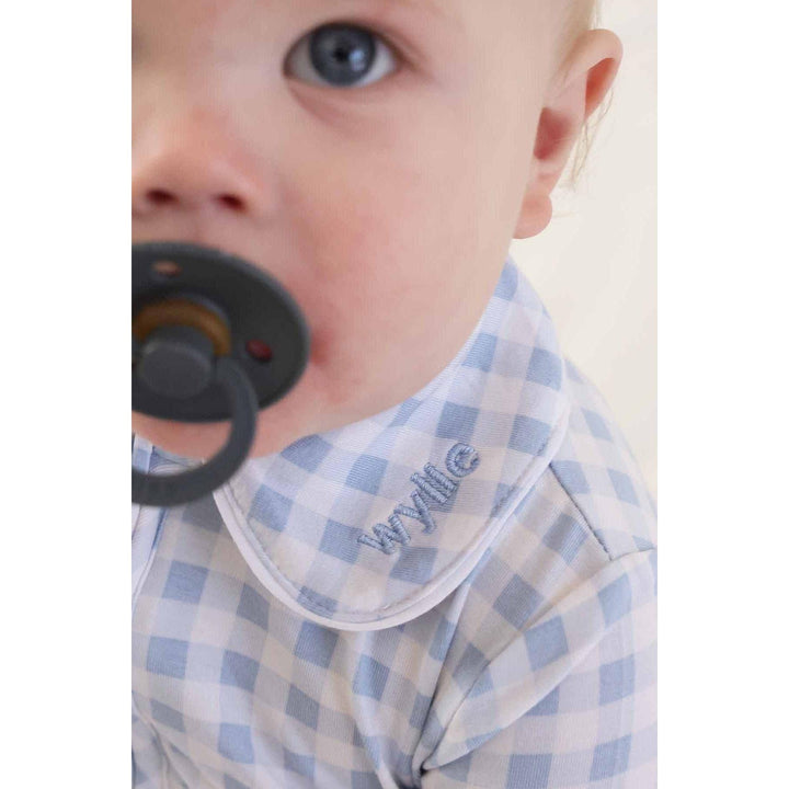 Peter Pan Collar Zipper Footie | Dusty Blue Gingham