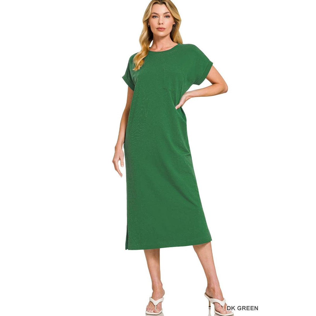 Round Neck Short Sleeve Midi Dress w/ Pockets