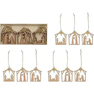 8-3/4"H MDF Laser Cut Nativity Ornaments w/ Gold Glitter Star, Box of 9