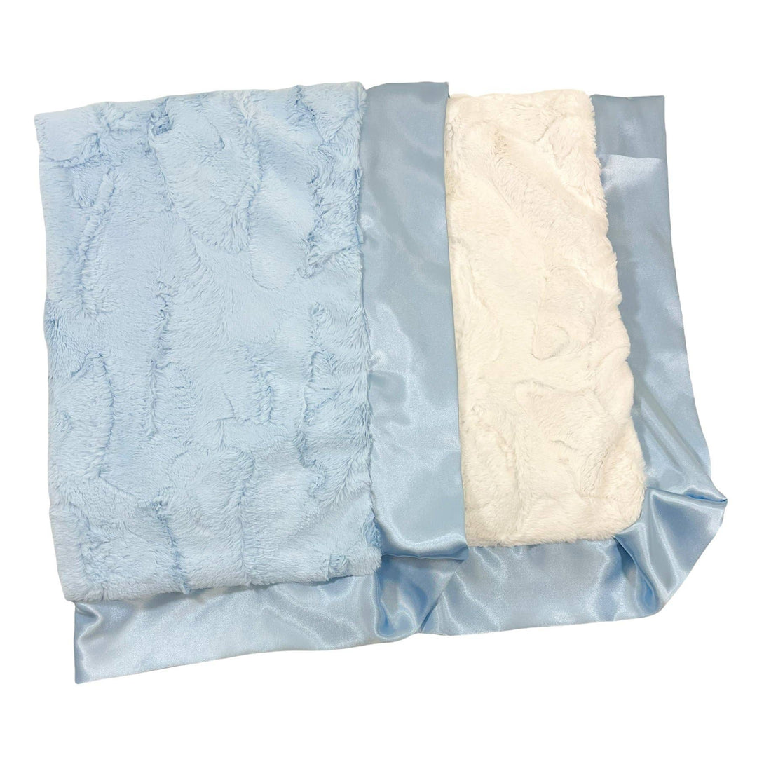 Rockin Royalty Classic Baby Blue Luxe Cuddle Blanket; a plush light blue faux fur blanket with a wide satin ruffled border.