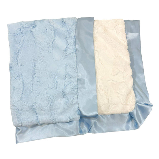 Rockin Royalty Classic Baby Blue Luxe Cuddle Blanket; a plush light blue faux fur blanket with a wide satin ruffled border.