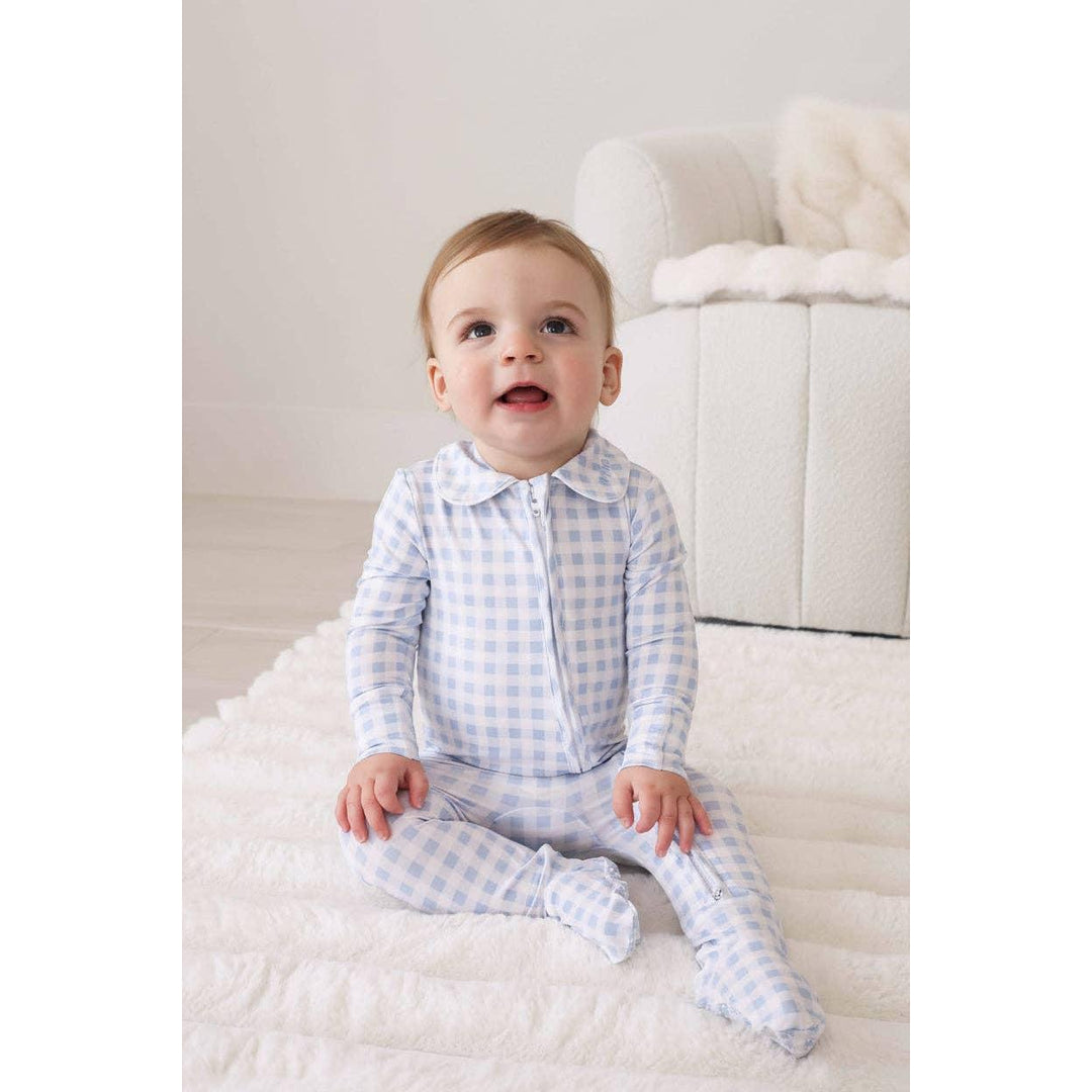 Peter Pan Collar Zipper Footie | Dusty Blue Gingham