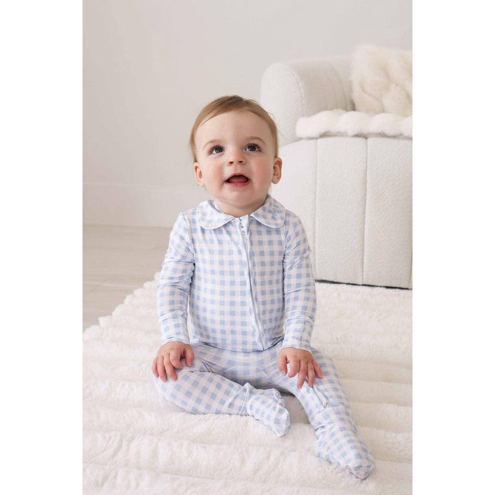 Peter Pan Collar Zipper Footie | Dusty Blue Gingham