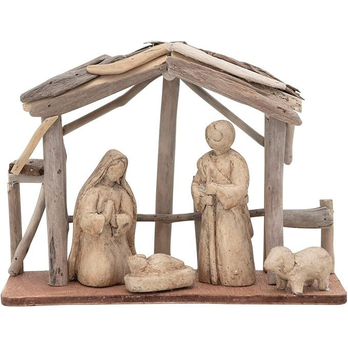 10" x 3 1/2" x 7 1/2" Handmade Driftwood and Paper Mache Nativity with Wood Base