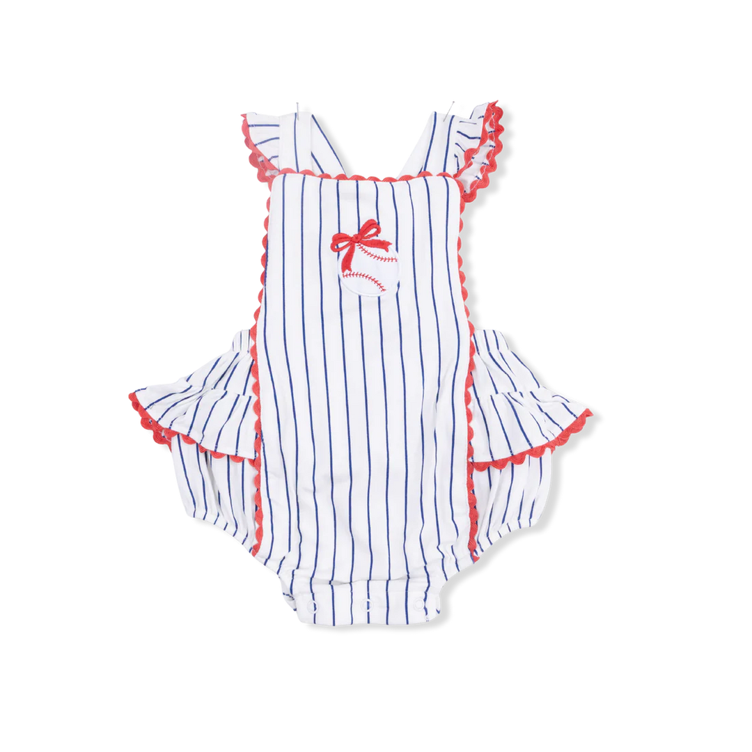 Baby girl blue and white baseball stripe bamboo sunsuit with ric rac ruffles and baseball applique.